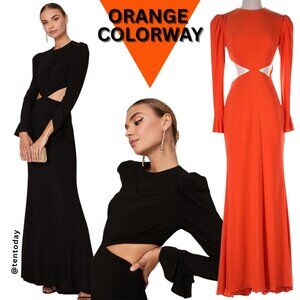 NEW $398 Mac Duggal Size 2 Orange Puff Long Bell Sleeve‎ Cut Out Maxi Gown Dress